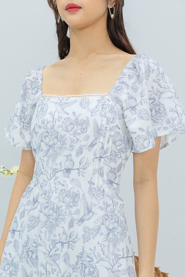 Blossoms and Birds Pintuck Dress in Grey Porcelain