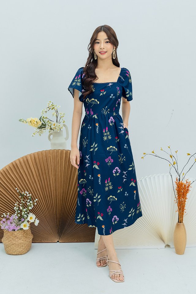 Botanical Whispers Pintuck Dress in Navy