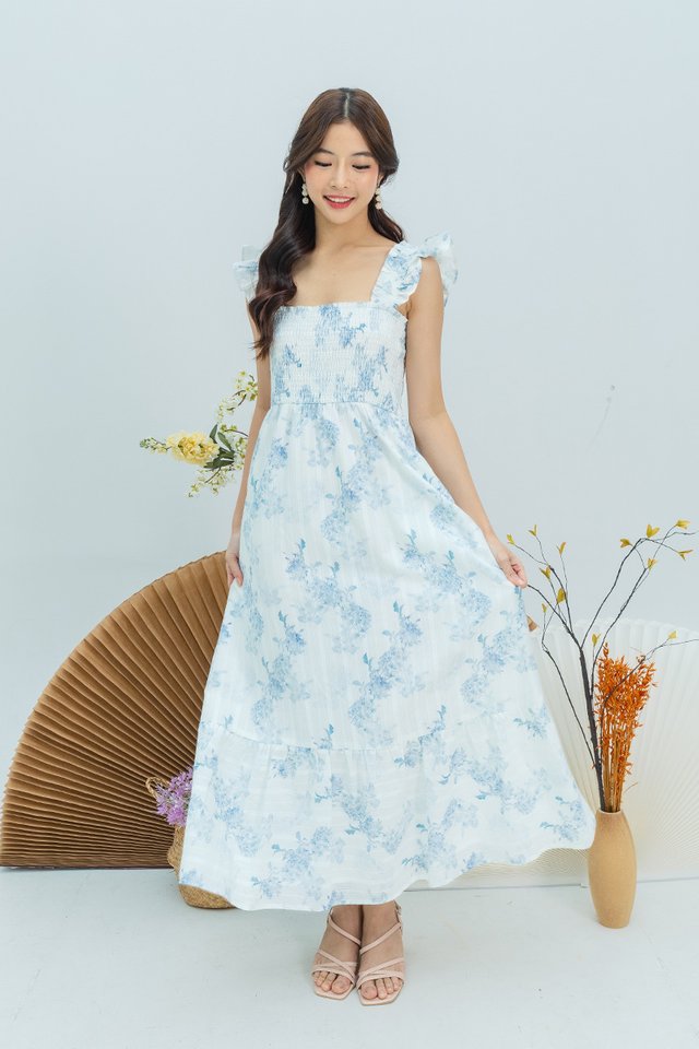 Elise Smocked Ruffle Straps Dress in Celestial Blue Florals