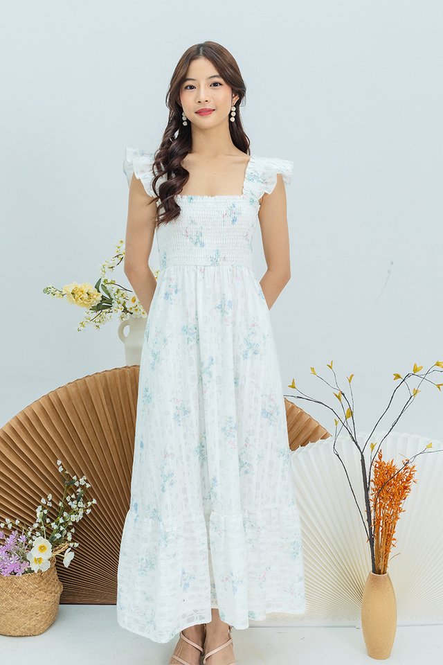 Elise Smocked Ruffle Straps Dress in Cloudflower