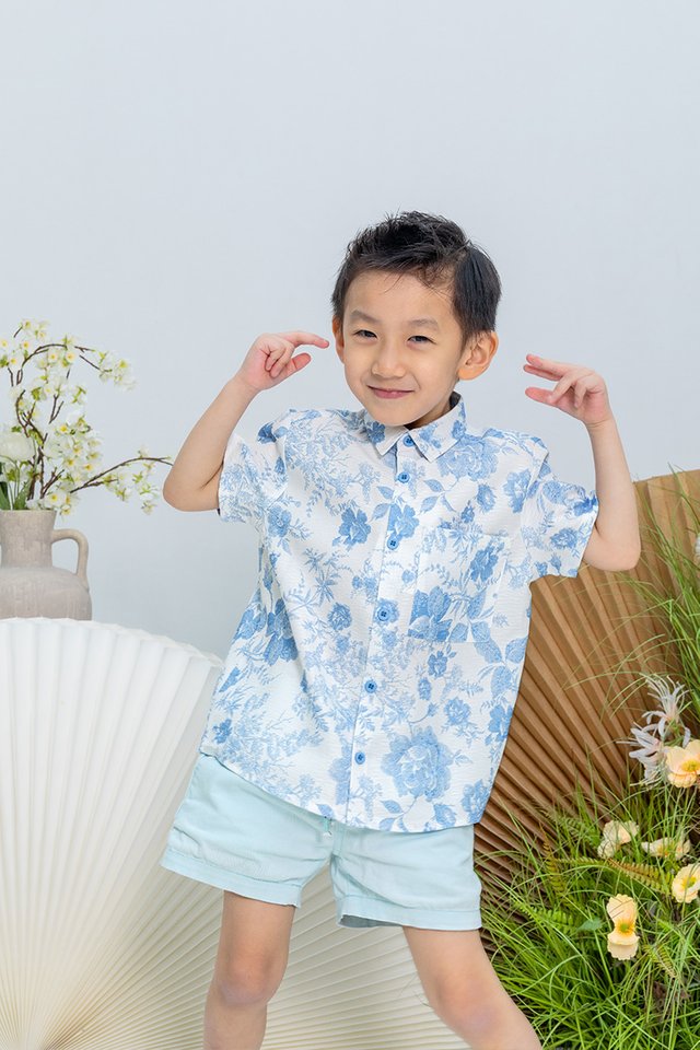 Bloom of Abundance Boy's Shirt in Blue Porcelain
