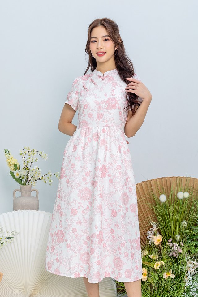 Bloom of Abundance Cheongsam Dress in Pink Porcelain