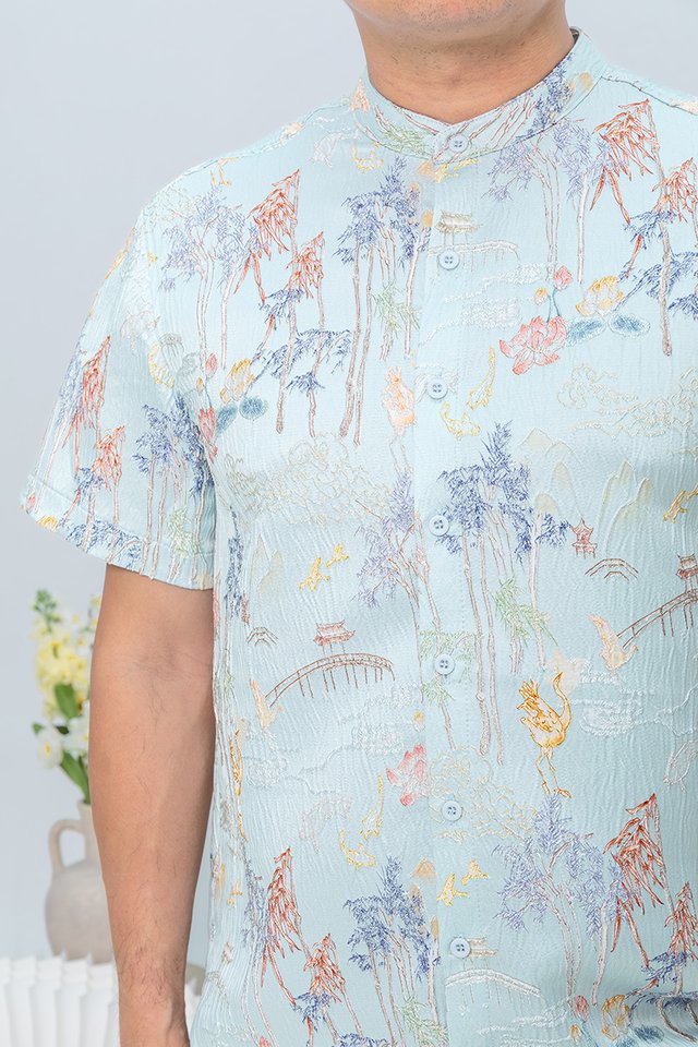 Crane of Prosperity Men's Shirt in Pastel Sky