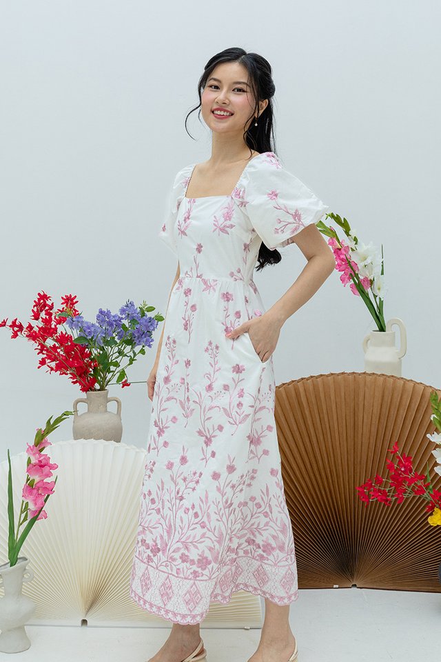 Floral Veil Embroidery Puffy Sleeves Dress in Blush Pink