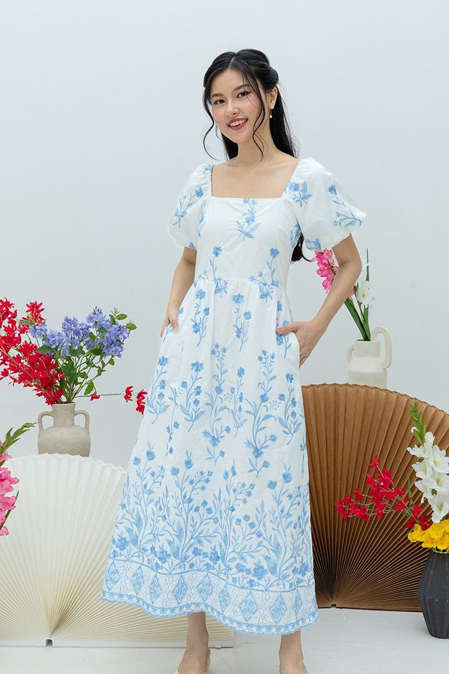 Floral Veil Embroidery Puffy Sleeves Dress in Porcelain Blue
