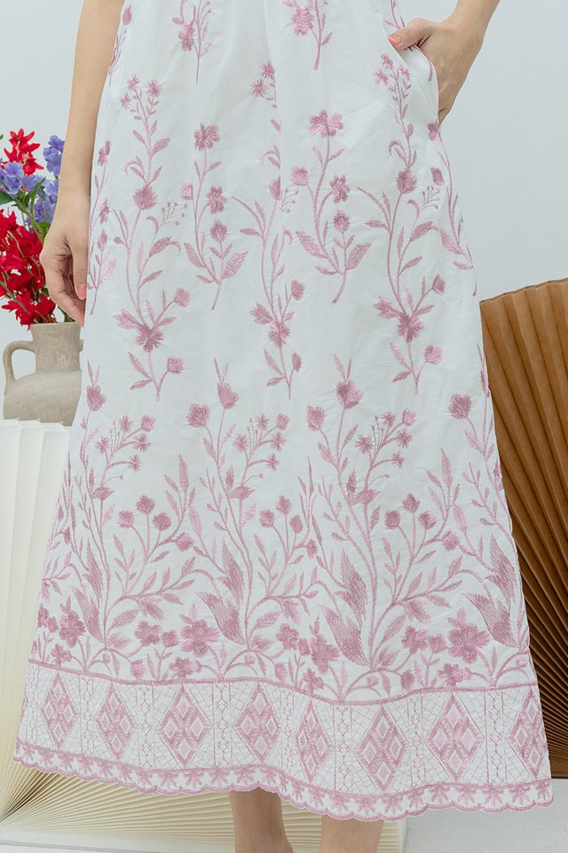 Floral Veil Embroidery Straps Dress in Blush Pink