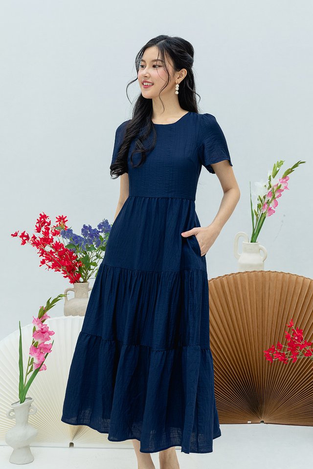 Elara Tiered Dress in Navy