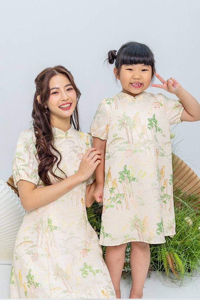 Crane of Prosperity Girl's Dress in Champagne Silk