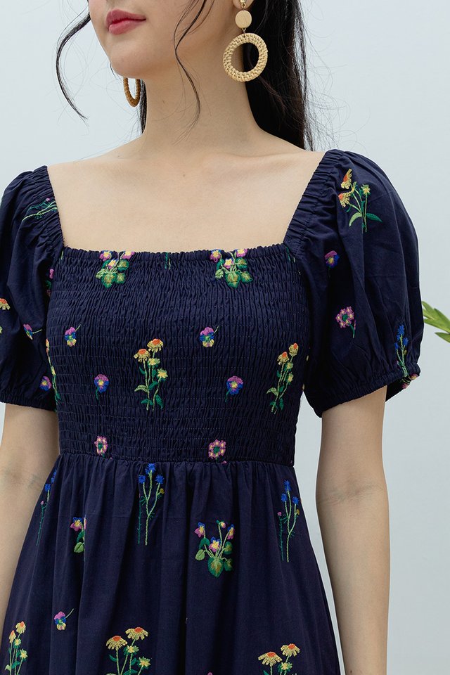 Wildflower Embroidery Dream Dress in Navy