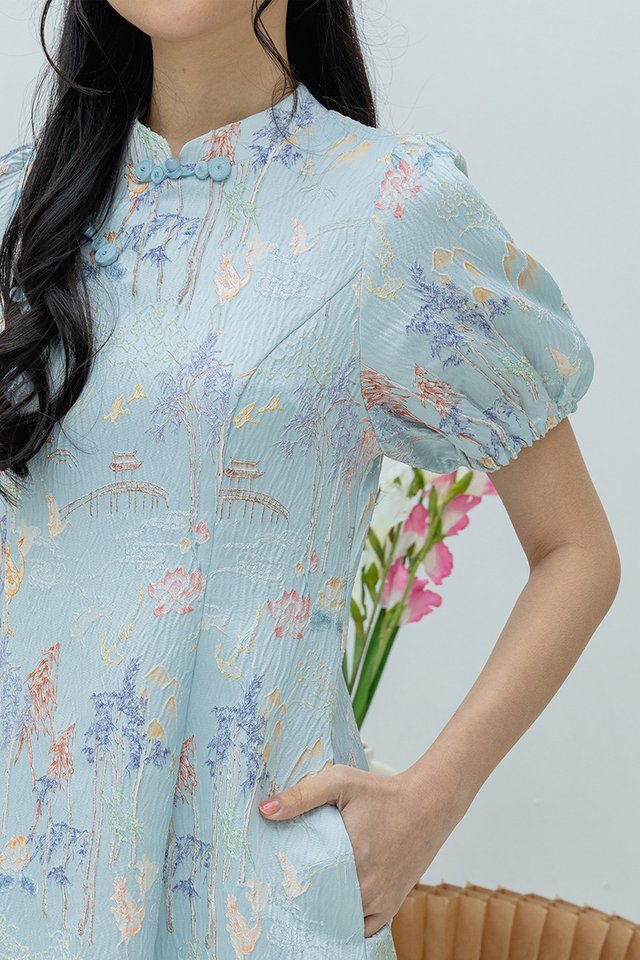 Crane of Prosperity Babydoll Dress in Pastel Sky