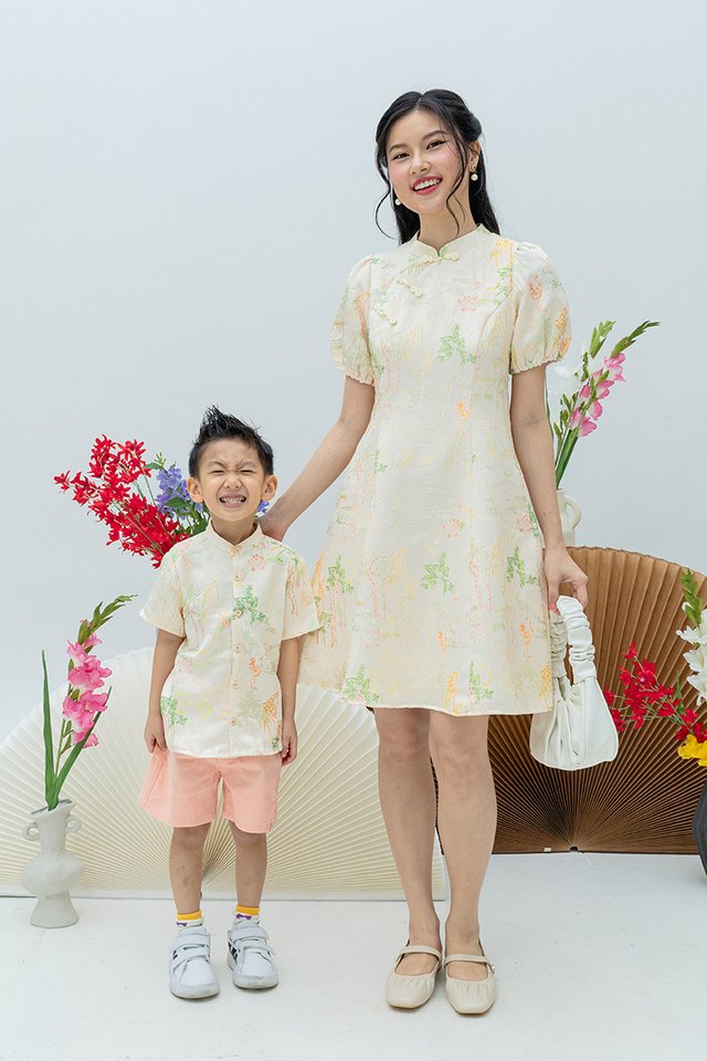 Crane of Prosperity Boy’s Shirt in Champagne Silk