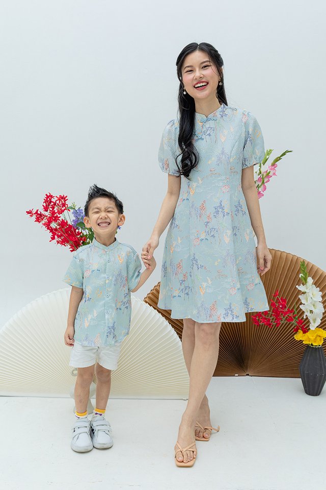 Crane of Prosperity Boy’s Shirt in Pastel Sky