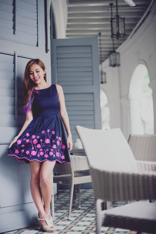 Dandelions Embroidery Dress in Deep Navy