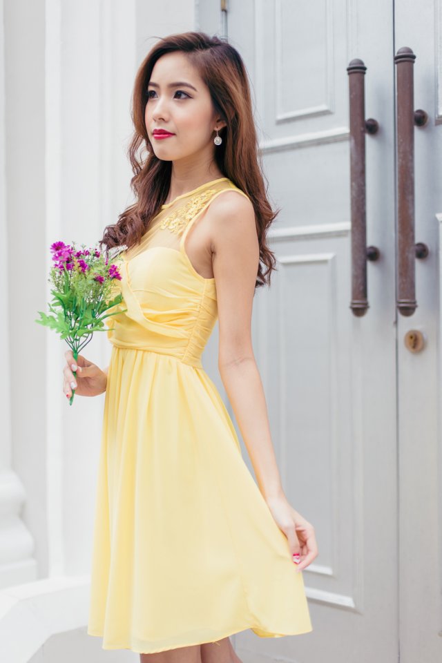 Azalea Embroidery Mesh Ruch Dress in Yellow