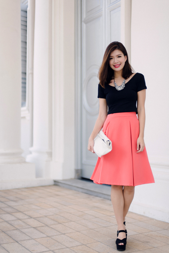 Millie Two Pleats Midi Skirt in Deep Coral Pink