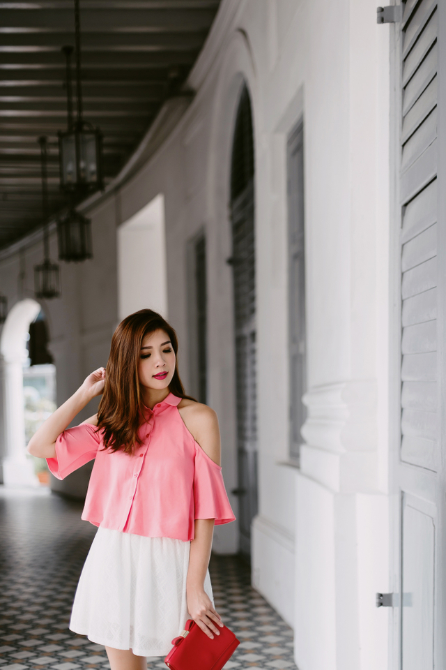 (FMTP x TIPPYTAPP) Preppy Threads Exposed Shoulder Top in Coral Pink