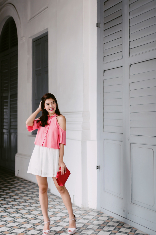 (FMTP x TIPPYTAPP) Preppy Threads Exposed Shoulder Top in Coral Pink