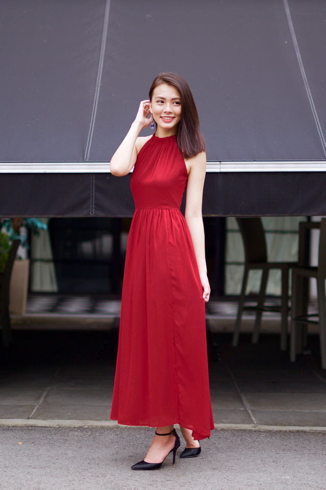 Penelope High Neck Maxi Dress in Wine Red