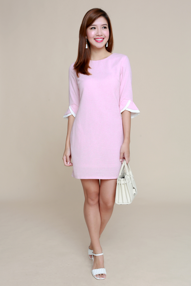 Emily Mid-Sleeves Tweed Work Dress in Pink