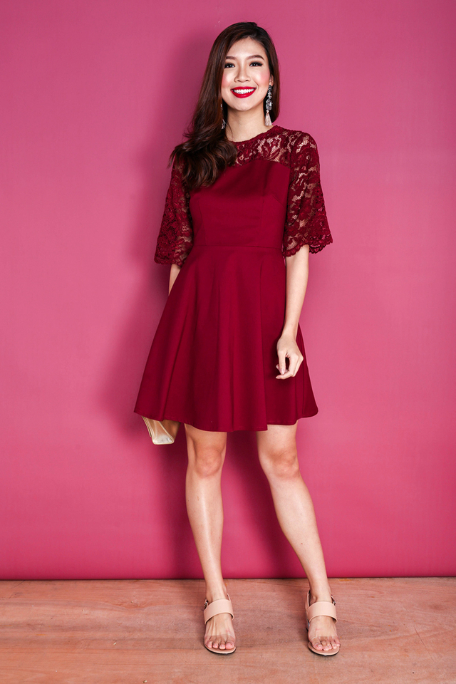 Eloise Lace Bell Sleeves Dress in Wine Red