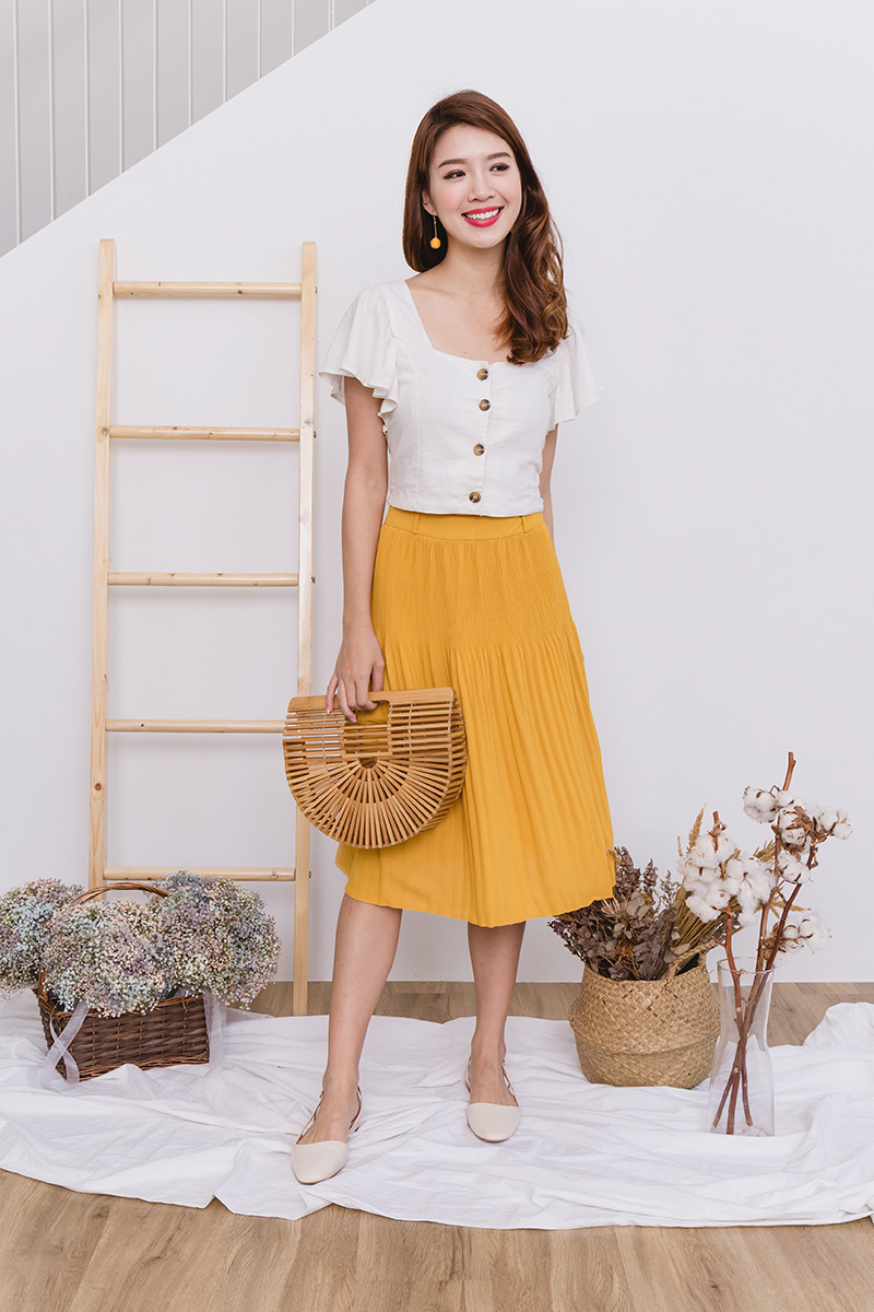 Sweet Treats Paperbag Pleated Midi Skirt in Mustard FlymetoParis