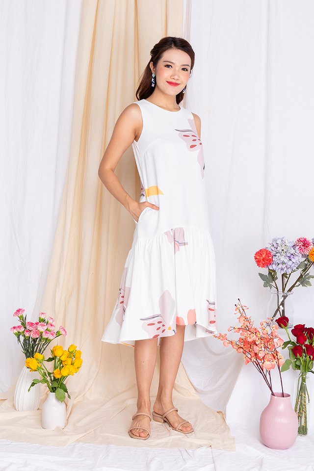 Harmony Drop-Hem Midi Dress in Pearl White