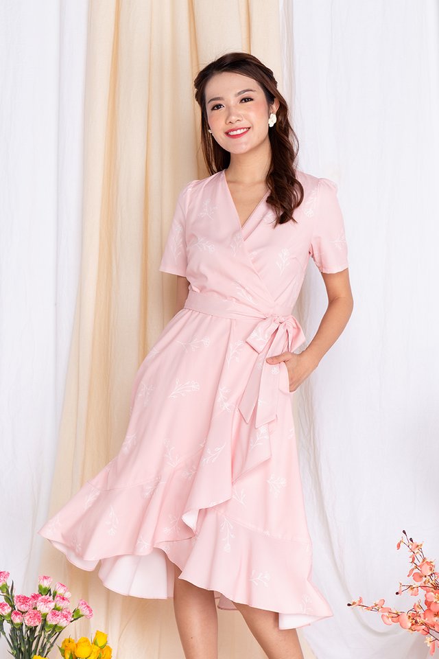 Springtime Soiree Wrap Midi Dress in Peach Pink