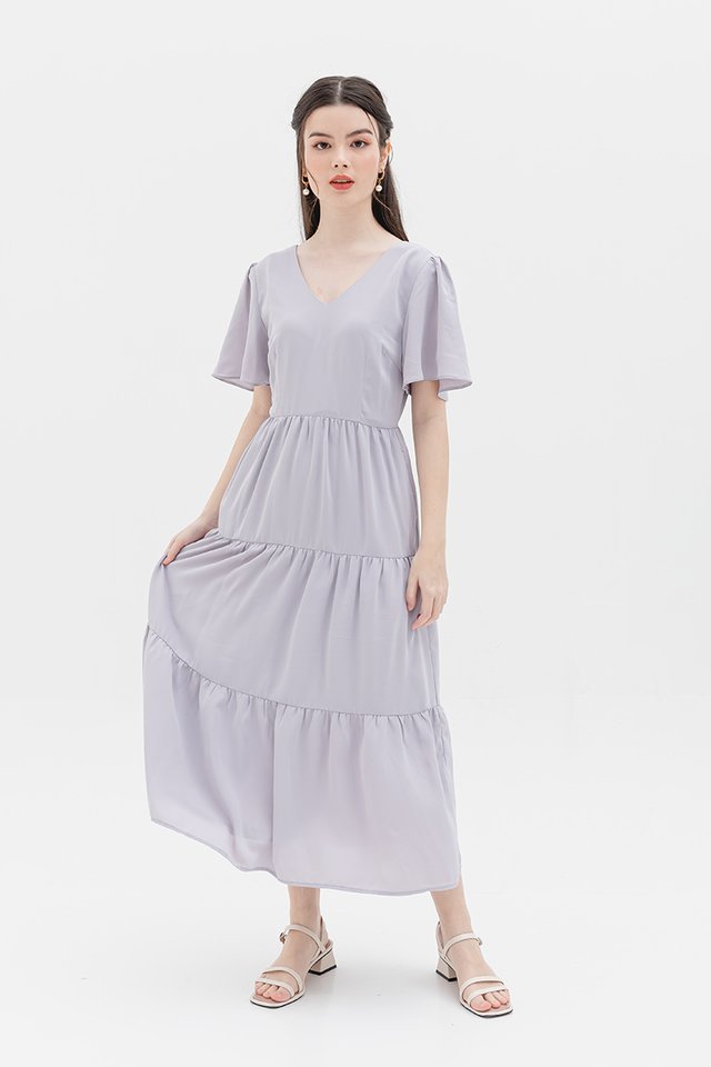 Morning Dew Tiered Midi Dress in Ash Lavender