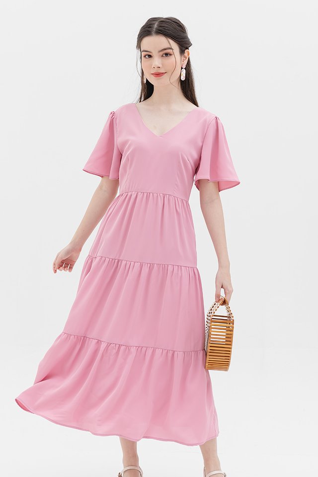 Morning Dew Tiered Midi Dress in Hibiscus