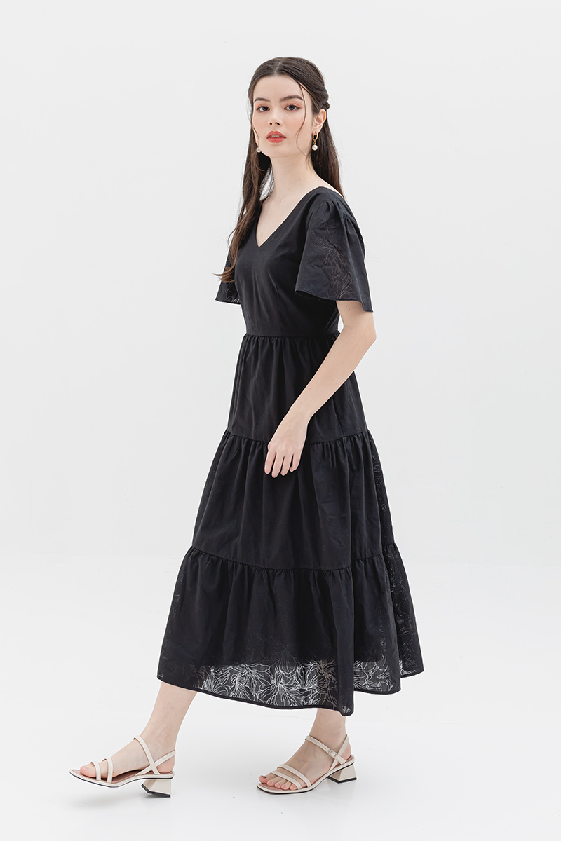 black tiered midi dress Quennell Black Lace Corset Maxi Dress (Archive Sale)