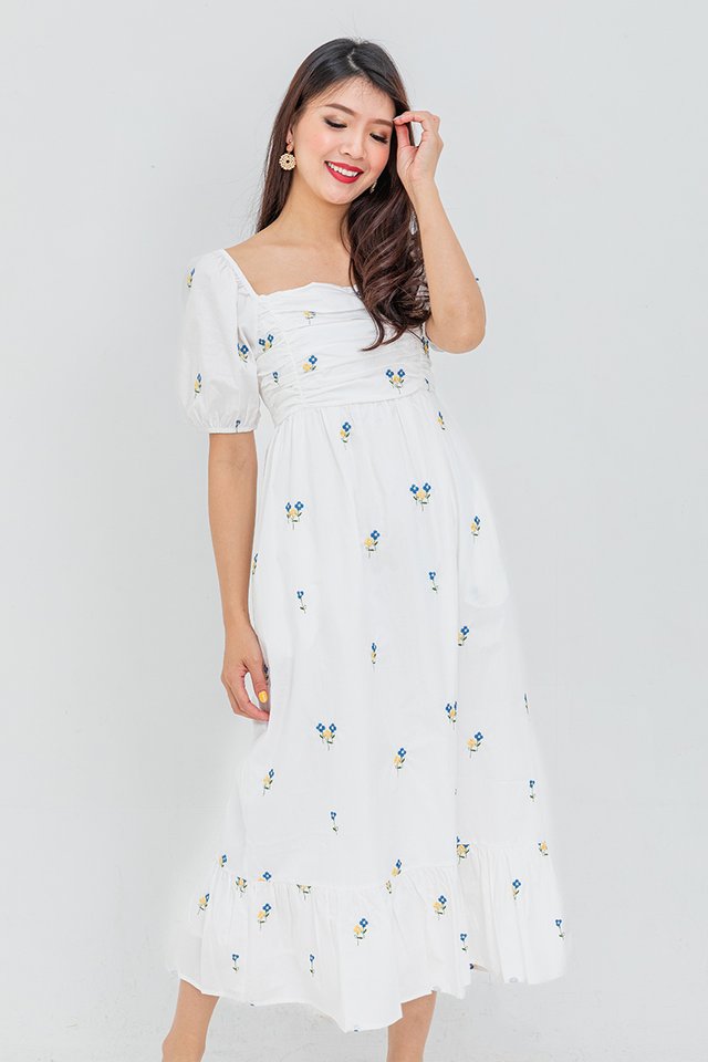 Charm Your Way Embroidery Ruched Dress in Spring Meadows