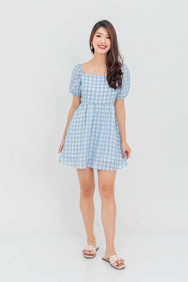 French Eclair Plaid Dress Romper in Blue