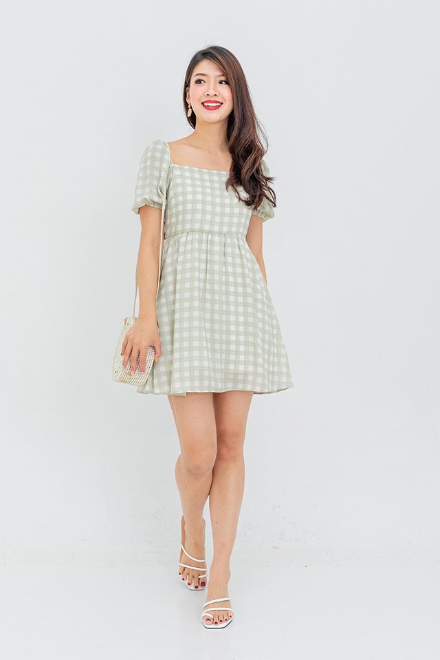 French Eclair Plaid Dress Romper in Green
