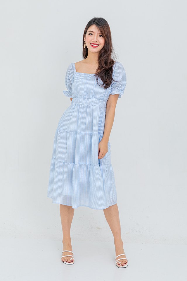 Sora Puffy Sleeves Tiered Dress in Blue Stripes