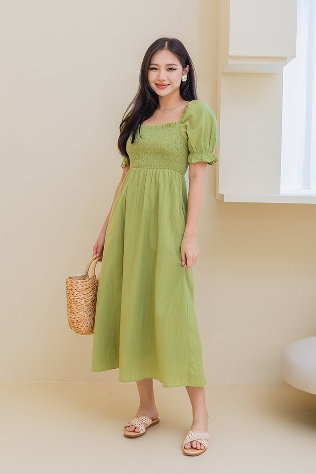 Ariana Cotton Smocked Dress in Moss Green