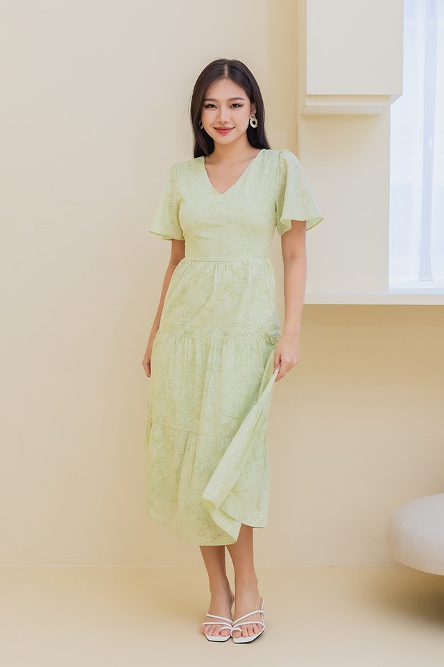 Morning Dew Tiered Midi Dress in Tea Green