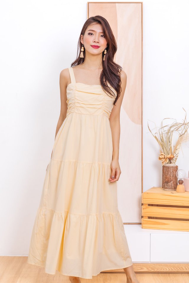 Damsel Delight Ruched Dress in Light Daffodil
