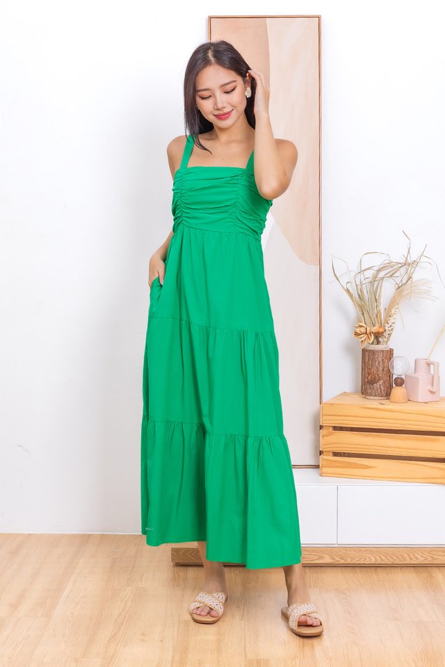 Damsel Delight Ruched Dress in Kelly Green