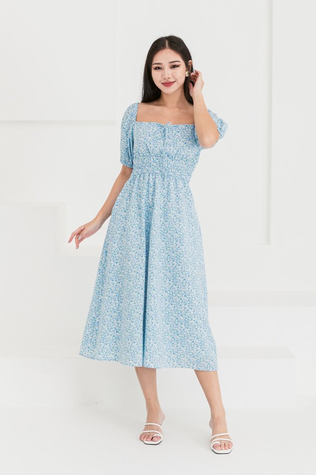 Charisse Drawstring Ruched Dress in Baby Blue Florals