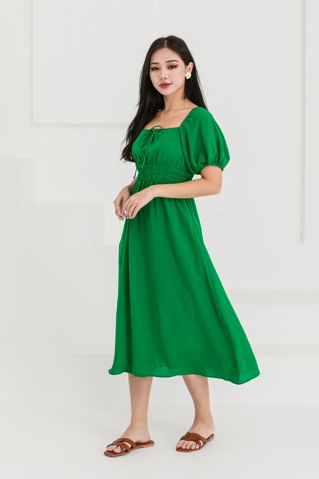 Charisse Drawstring Ruched Dress in Kelly Green