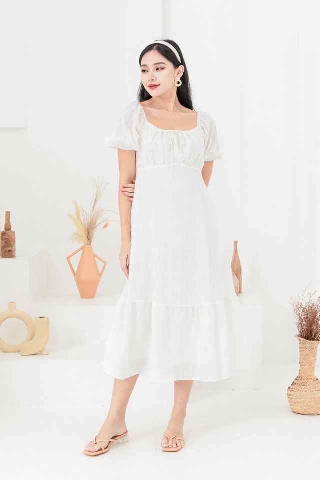 Emilia Drawstring Textured Dress in White