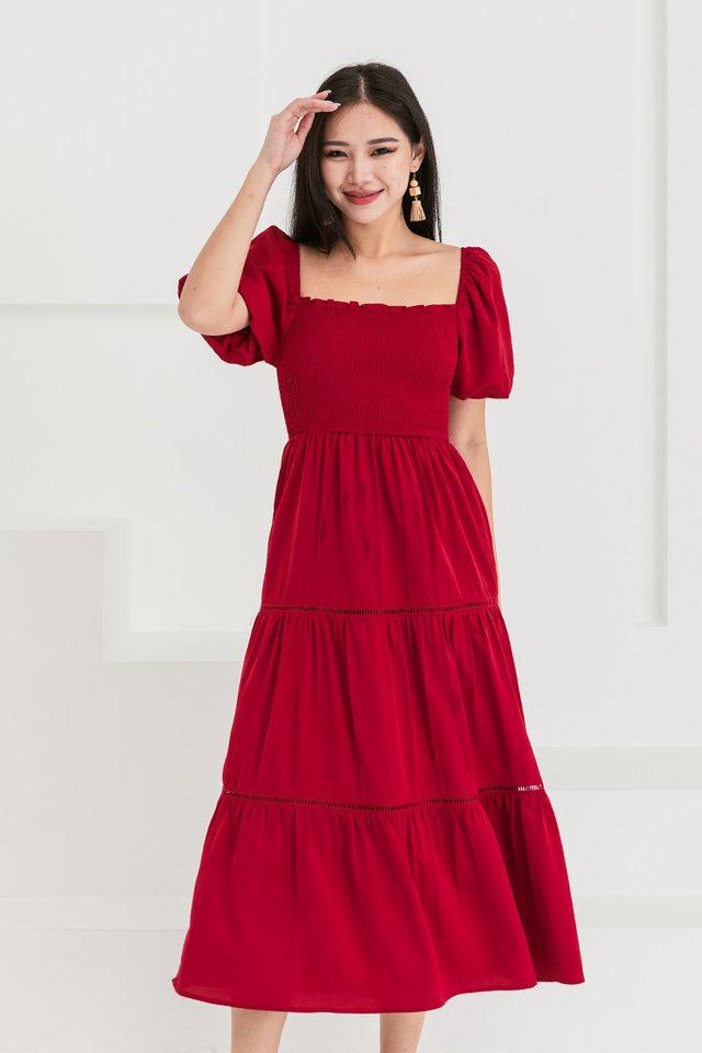 RESTOCKED Gentle Lady Ladder Trim Dress in Wine Red