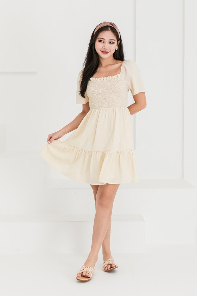 Its A Date Smocked Mini Dress in Cream