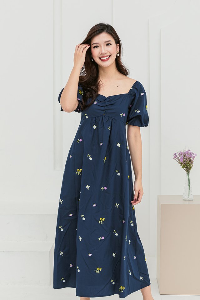 A Walk in the Garden Embroidery Dress in Navy