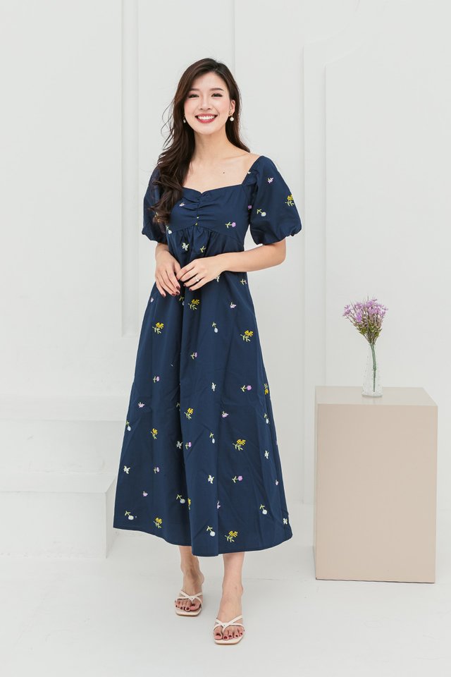 A Walk in the Garden Embroidery Dress in Navy
