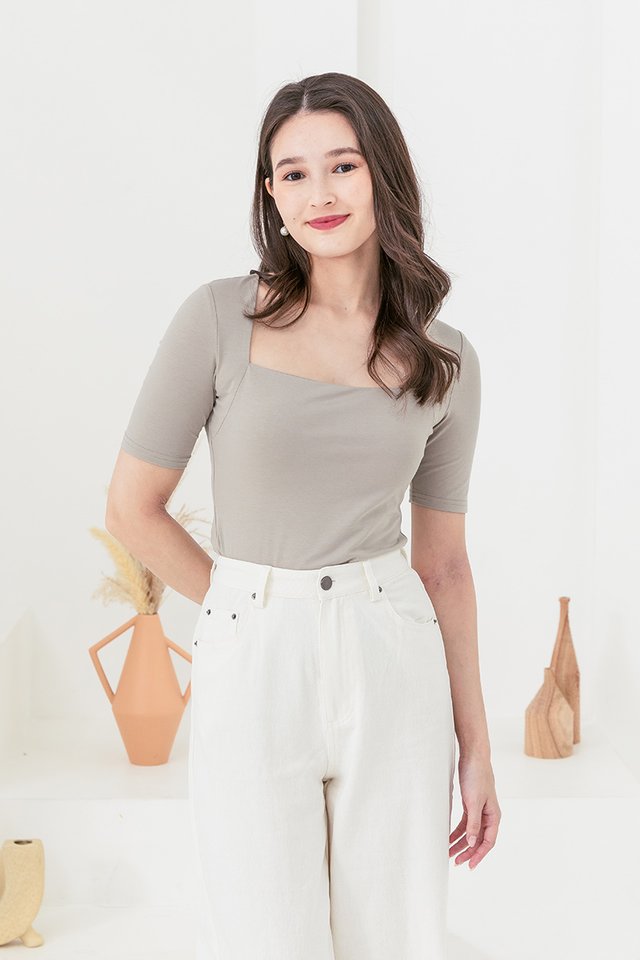Abby Trapeze Neckline Basic Top in Taupe