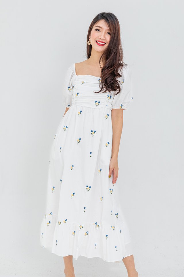 Charm Your Way Embroidery Ruched Dress in Spring Meadows