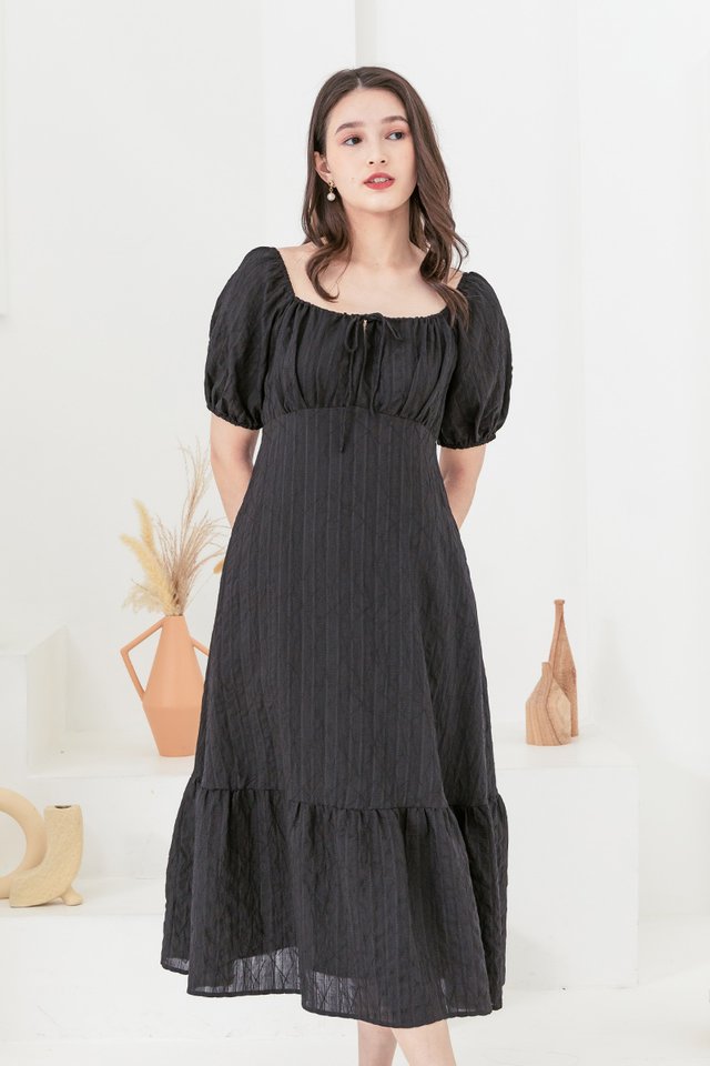 Emilia Drawstring Textured Dress in Black