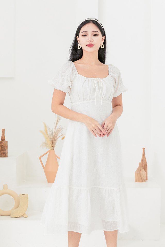 Emilia Drawstring Textured Dress in White