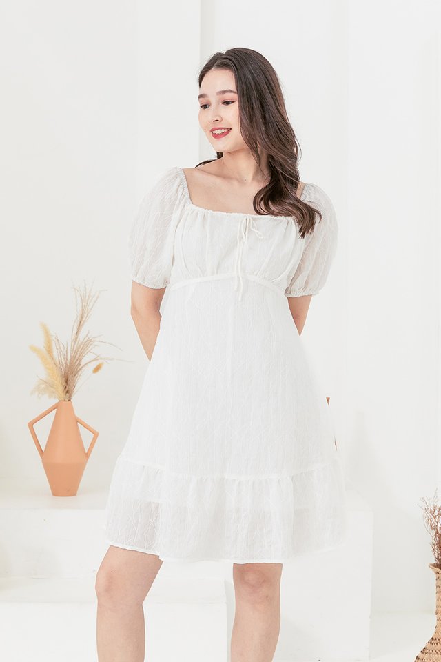Emilia Drawstring Textured Dress Romper in White
